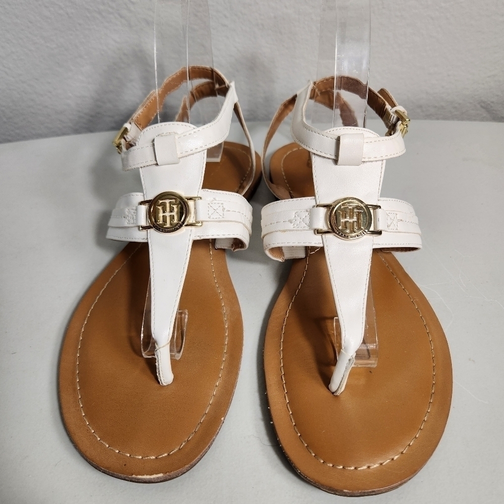 Tommy Hilfiger White Vegan Leather Lorine Strappy Thong Sandals-Size 8